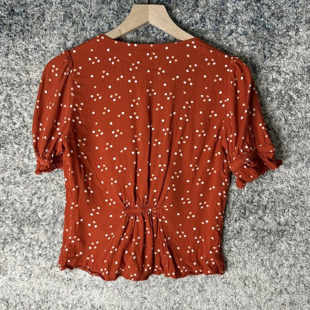 Madewell Blouse Womens‎ 0 Orange Polka Dot Ruched Button Puff Sleeve Top
